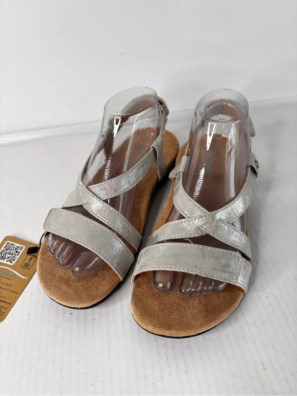 Spenco Grace Sandals Womens Size 8W Comfort Orthotic Cross Strap Sliver Metallic